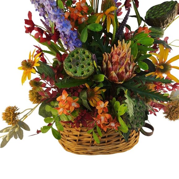 Artificial Floral Arrangement In Fishing Creel Basket With Vibrant Red Purple & - Picture 10 of 15